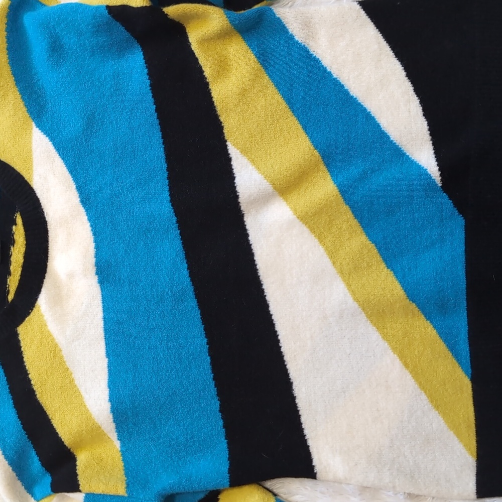 Alison Sheri Abstract Striped Acrylic Sweater Black/Blue/Lime/White Size Medium - Picture 2 of 10